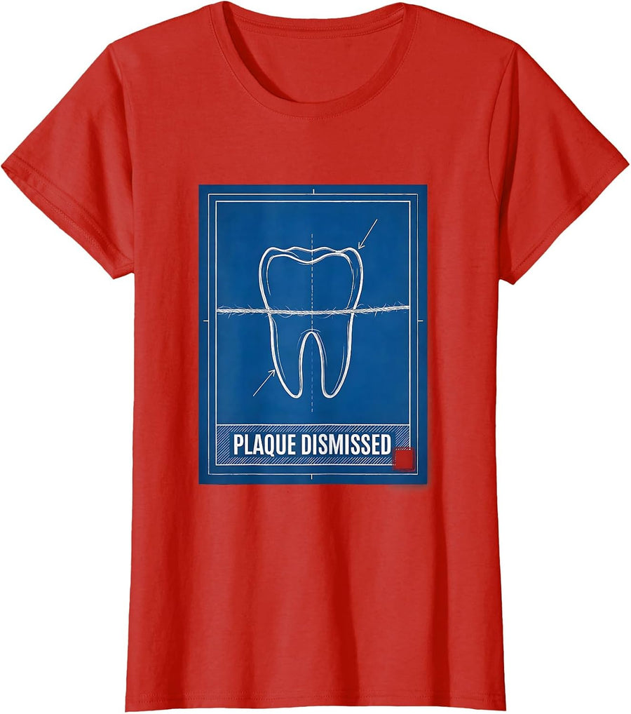 Women's Plaque Dismissed Technical Blueprint Dental Hygienist Humor T-Shirt - Red