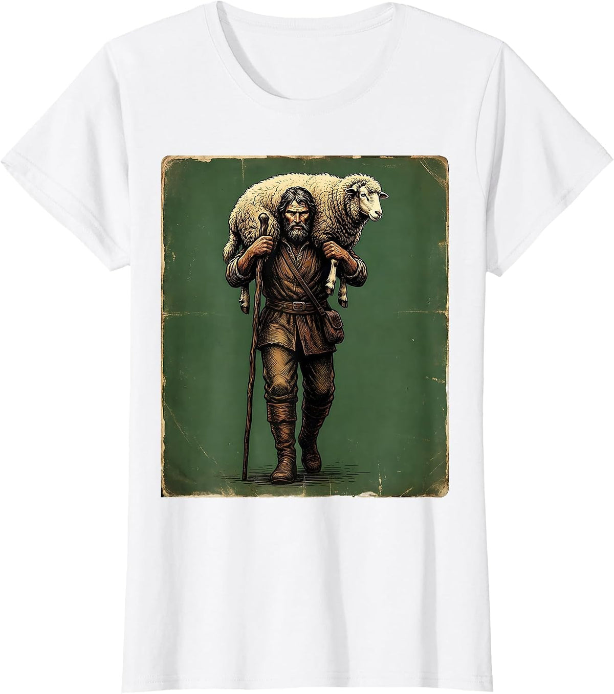 Shepherd Carrying Lost Sheep Christian Faith Graphic T-Shirt - White