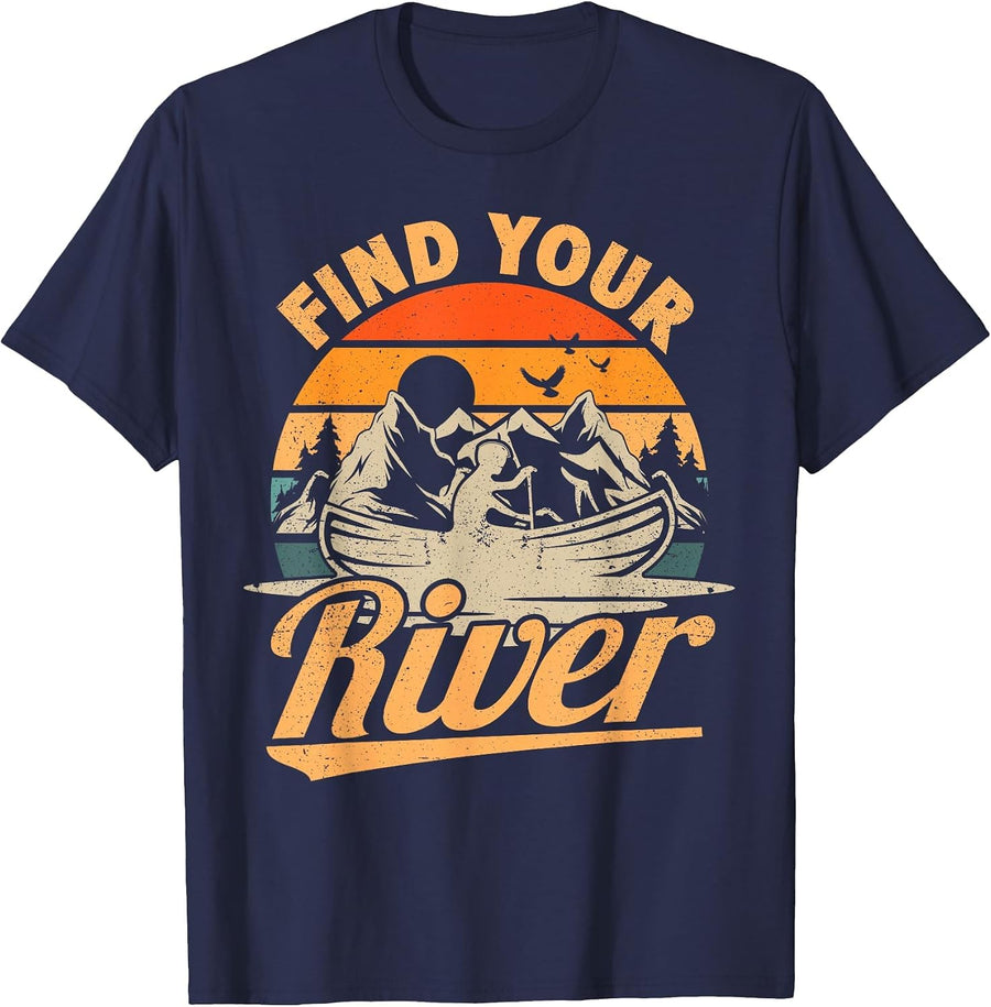 Find Your River Retro Canoe Boat Canoeing T-Shirt - Navy Blue