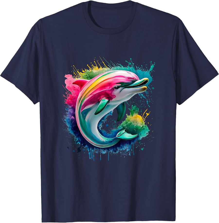 Dolphin Men's/Women's Colourful Watercolour Dolphin T-Shirt - Navy Blue
