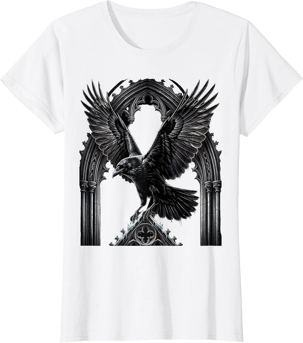 Crow Mid-Dive Spread Wings Illustration T-Shirt - White