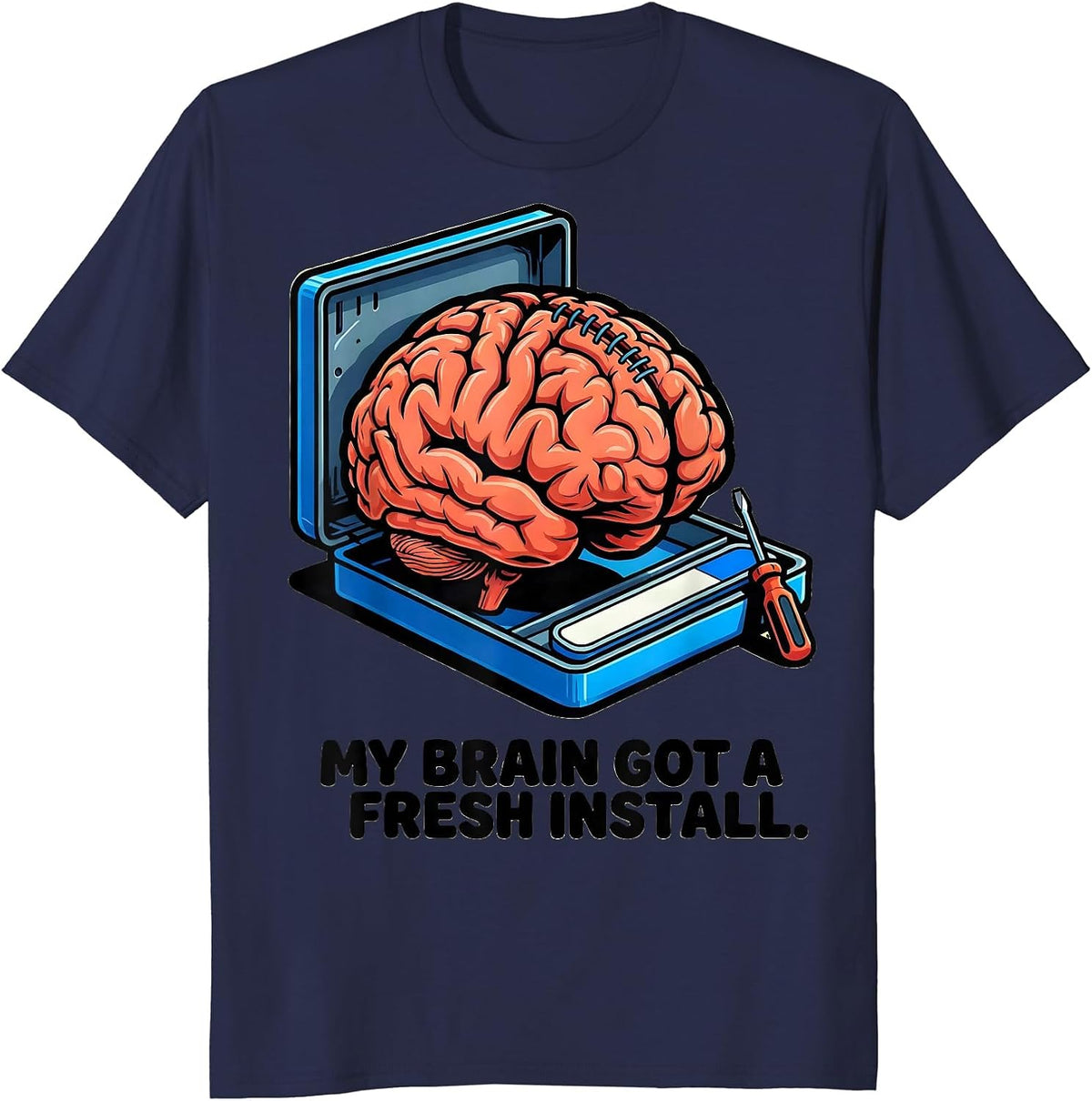 Men's My Brain Got A Fresh Install Funny Brain Surgery Recovery T-Shirt - Navy Blue