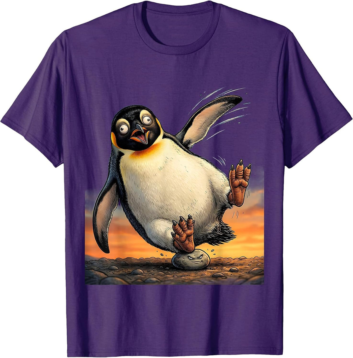 Derpy Penguin Tripping Over a Pebble T-Shirt - Purple