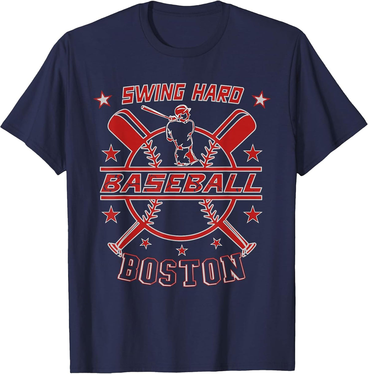 for Baseball Fan Swing Hard, Design Boston Baseball T-Shirt - Navy Blue