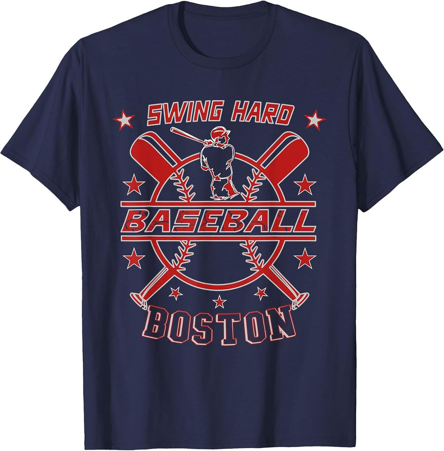 for Baseball Fan Swing Hard, Design Boston Baseball T-Shirt - Navy Blue