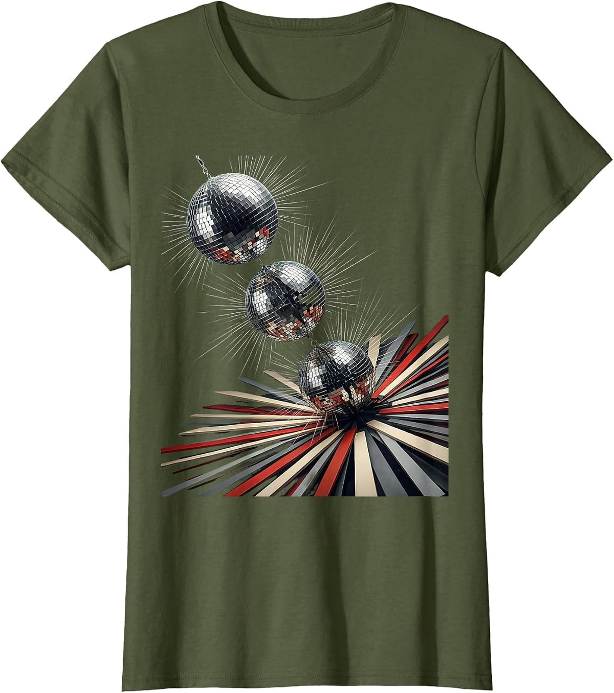 Women's Faceted Mirror Ball Retro Disco Party Costume T-Shirt - Olive Green