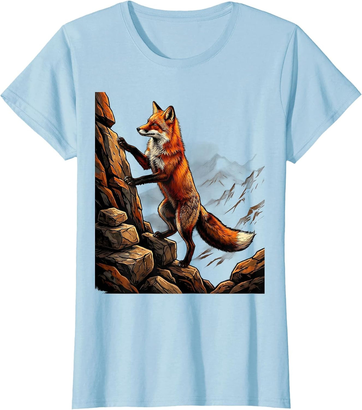 Fox Climbing Rocky Mountain Peak Illustration T-Shirt - Baby Blue