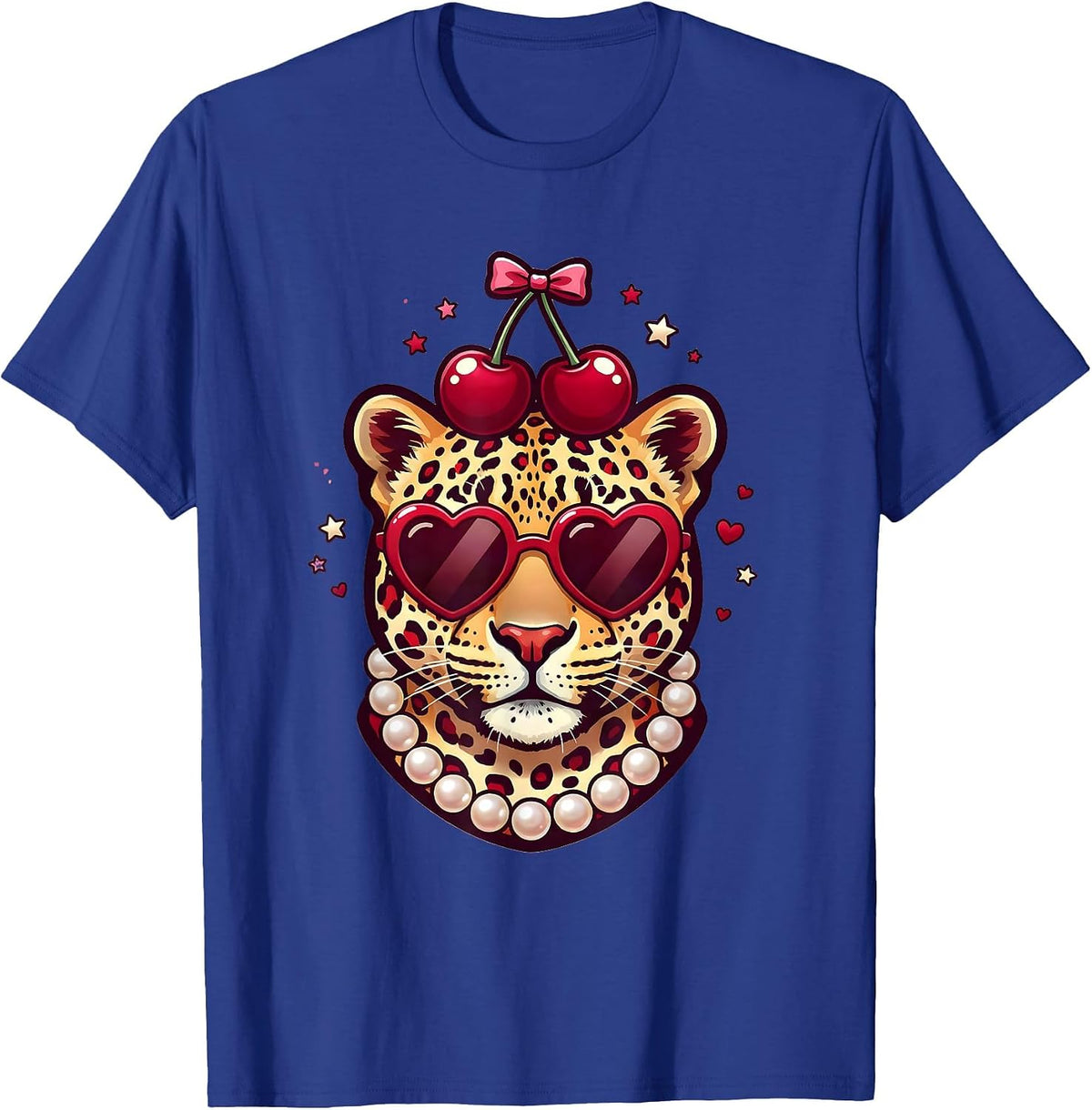 Gigi Leopard Pearl Necklace and Sunglasses T-Shirt - Royal Blue