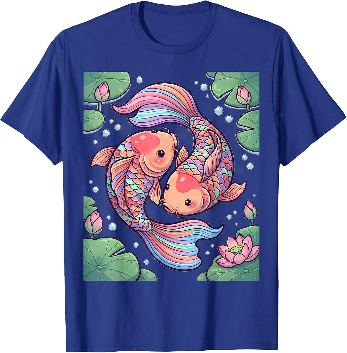 Men's Rainbow Koi Fish Pond Illustration T-Shirt - Royal Blue