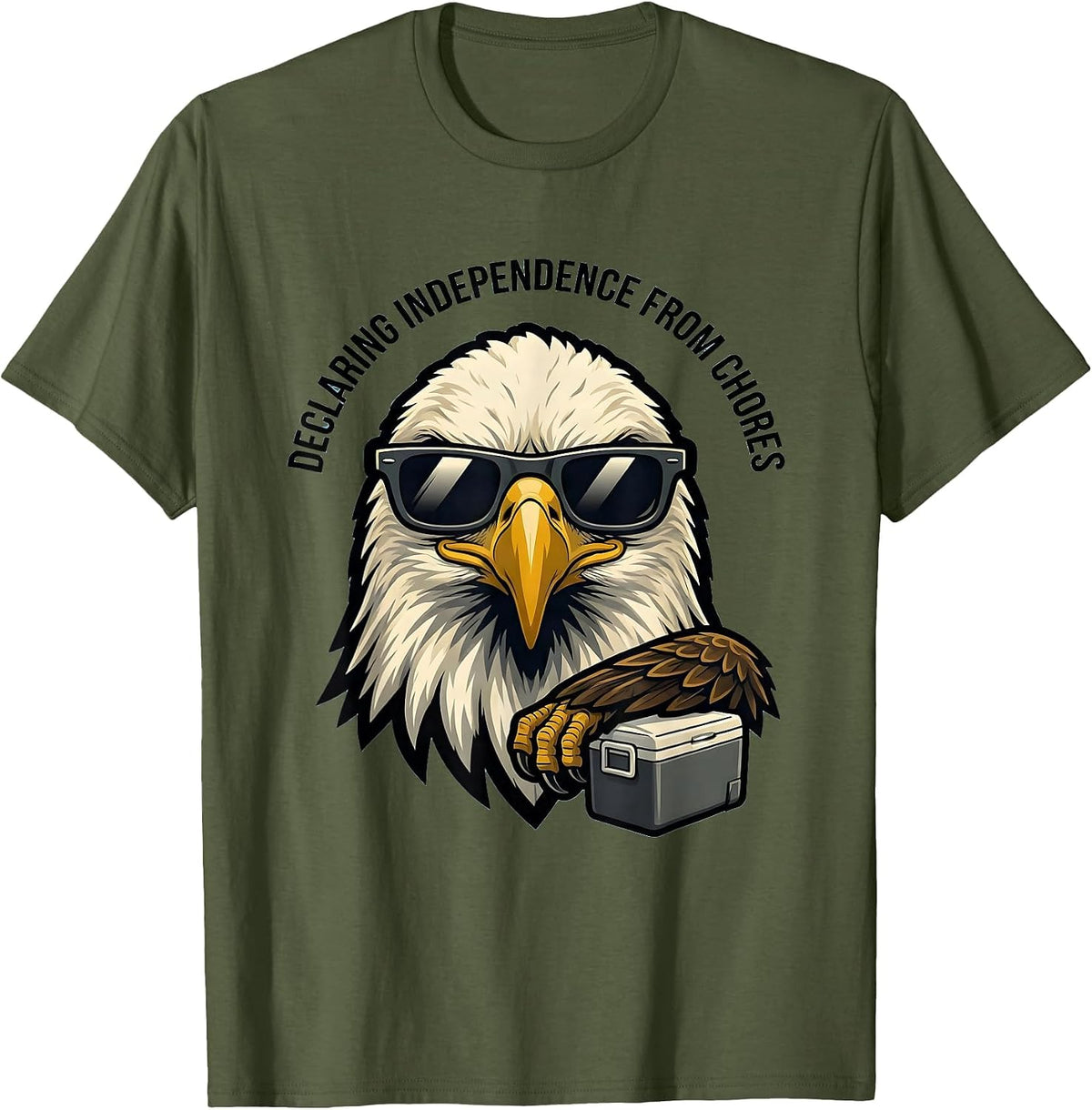 Men's Declaring Independence From Chores Funny Bald Eagle Mascot T-Shirt - Olive Green