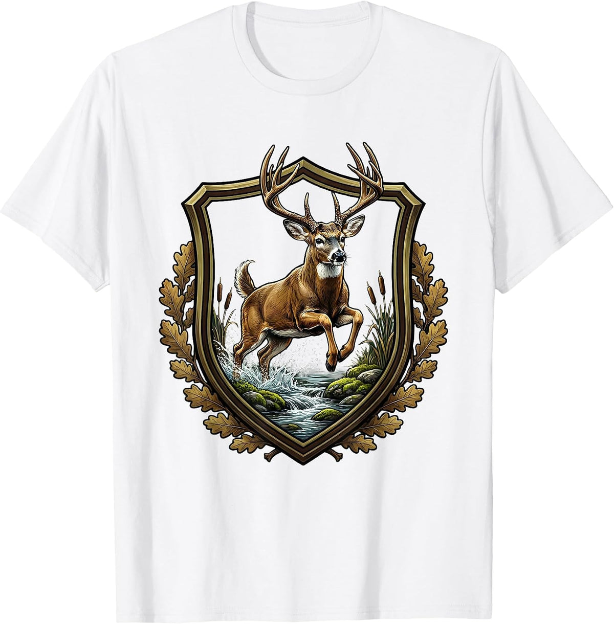 Men's Whitetail Buck Leaping Over Mossy Creek Camo T-Shirt - White