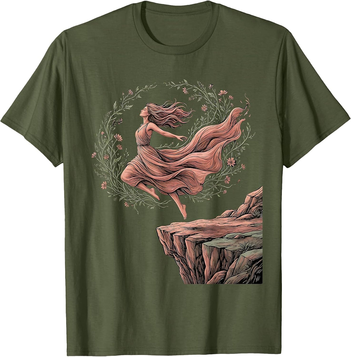 Men's Gigi Fearless Leap Cliff Edge Graphic Tee T-Shirt - Olive Green