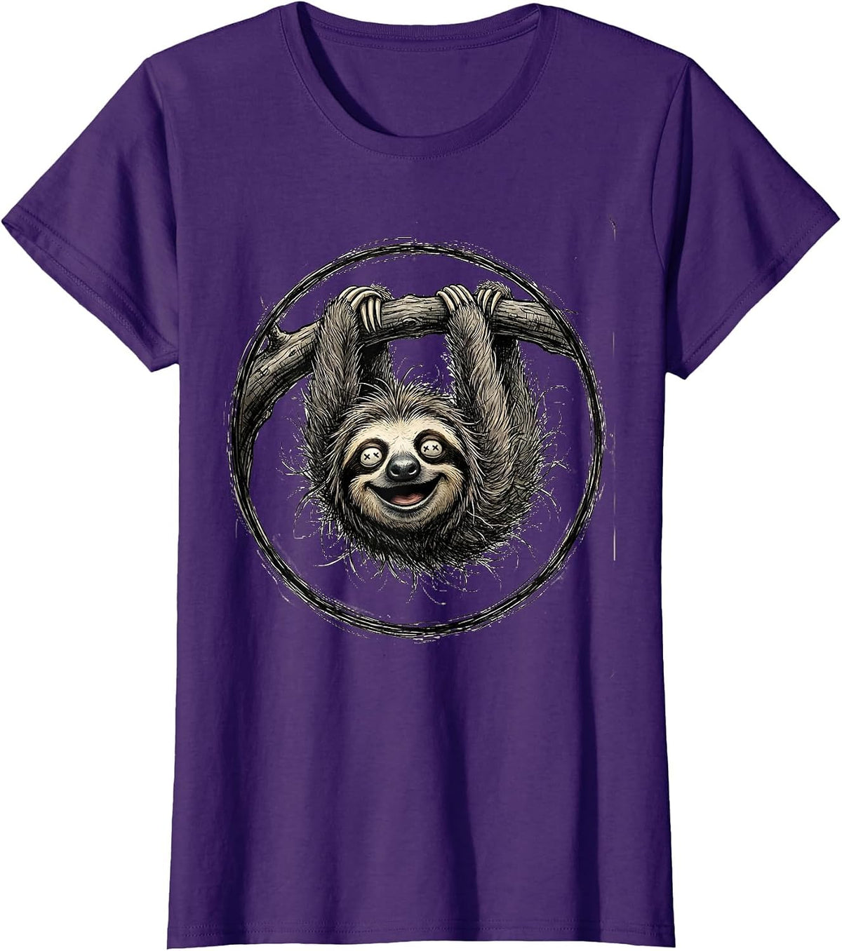 Women's Derpy Upside Down Sloth Hanging From Branch T-Shirt - Purple