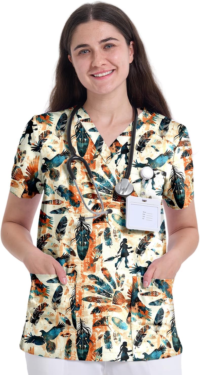Printed Scrub Tops for Women, V-Neck Nurse Shirt, 3 Pockets - Eagle Feathers