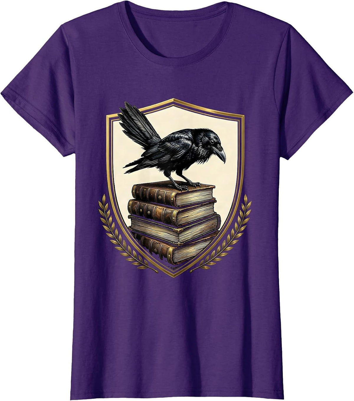 Women's Crow on Stacked Old Leather Books Illustration T-Shirt - Purple