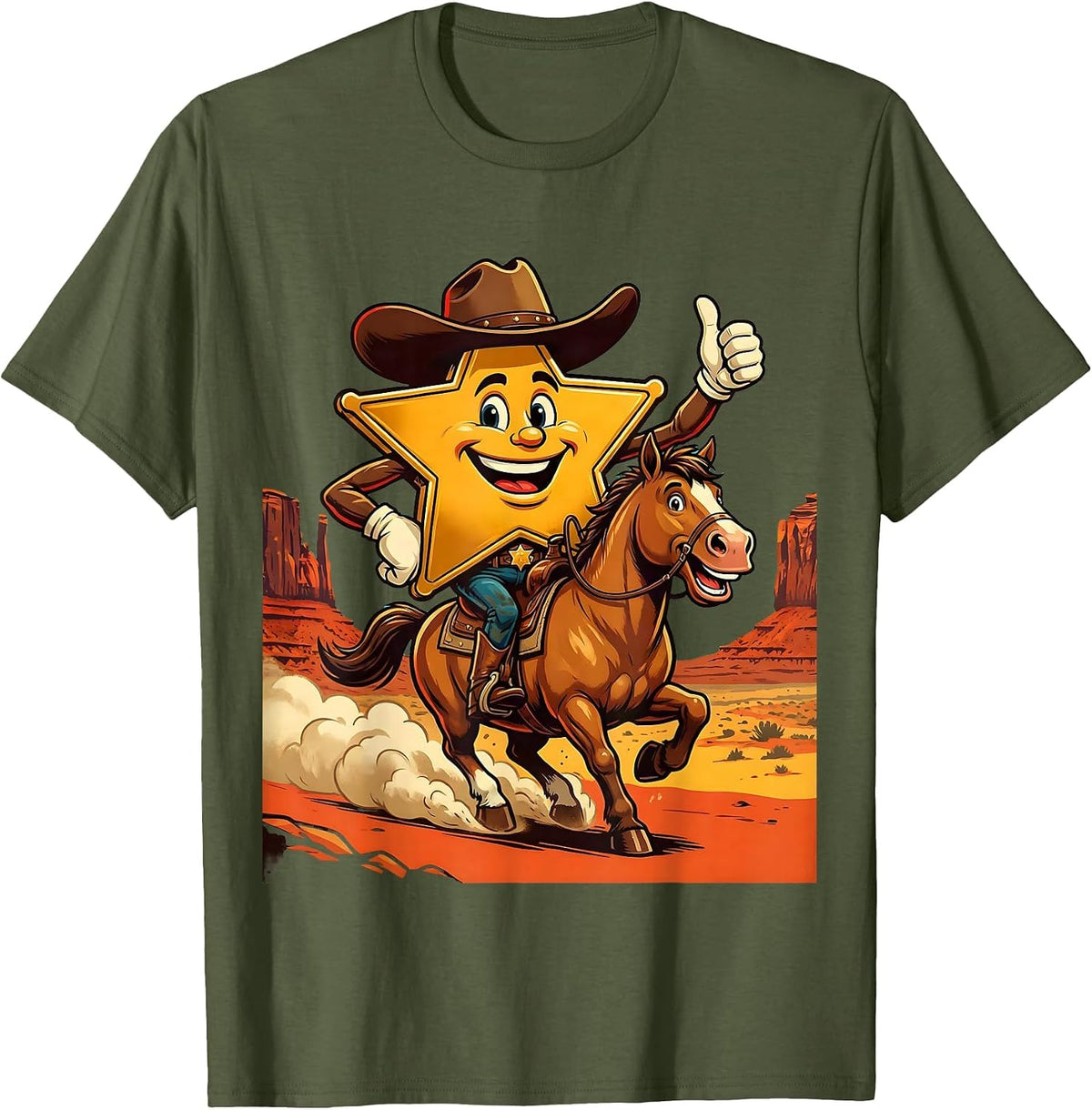 Sheriff Riding Horse Through Desert Canyon T-Shirt - Olive Green