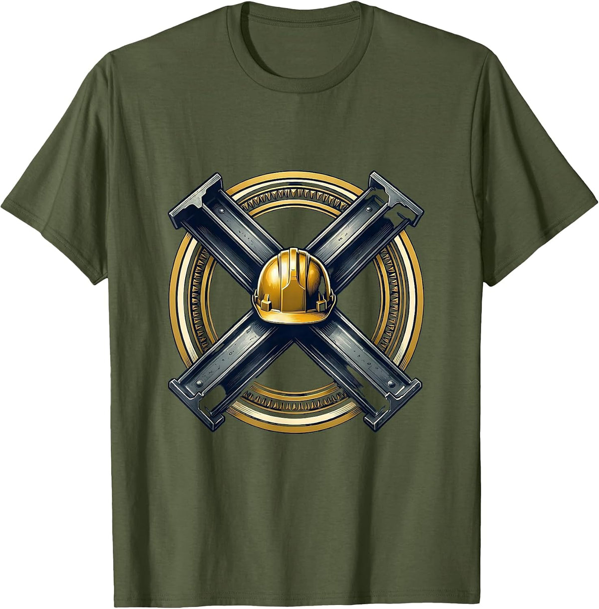 Labor Day Hardhat Crossed Steel Beams Graphic T-Shirt - Olive Green