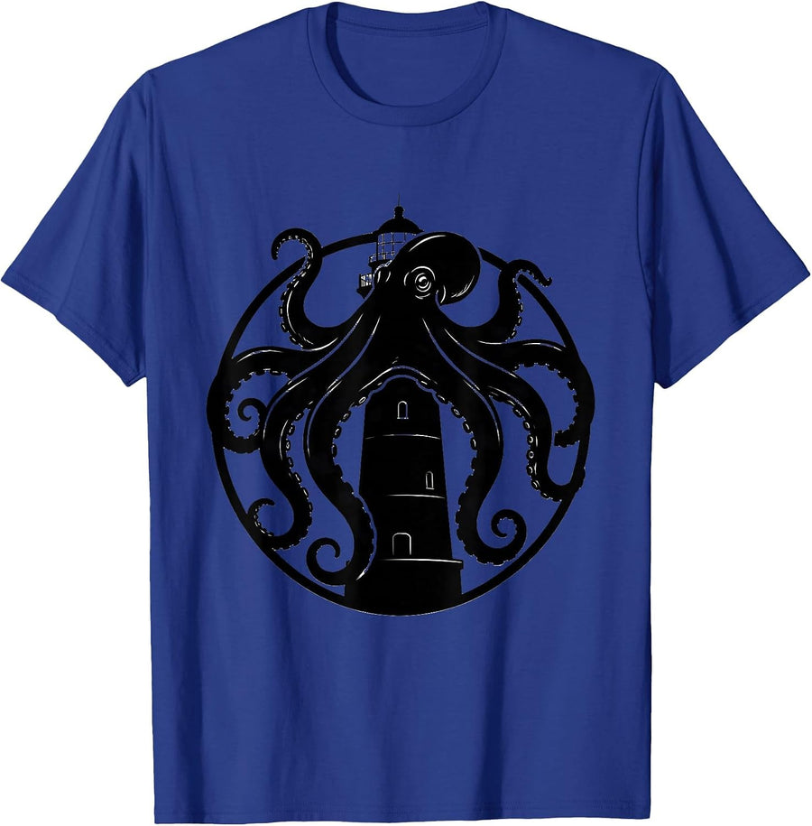 Giant Octopus Gripping Lighthouse Pirate Design T-Shirt - Royal Blue