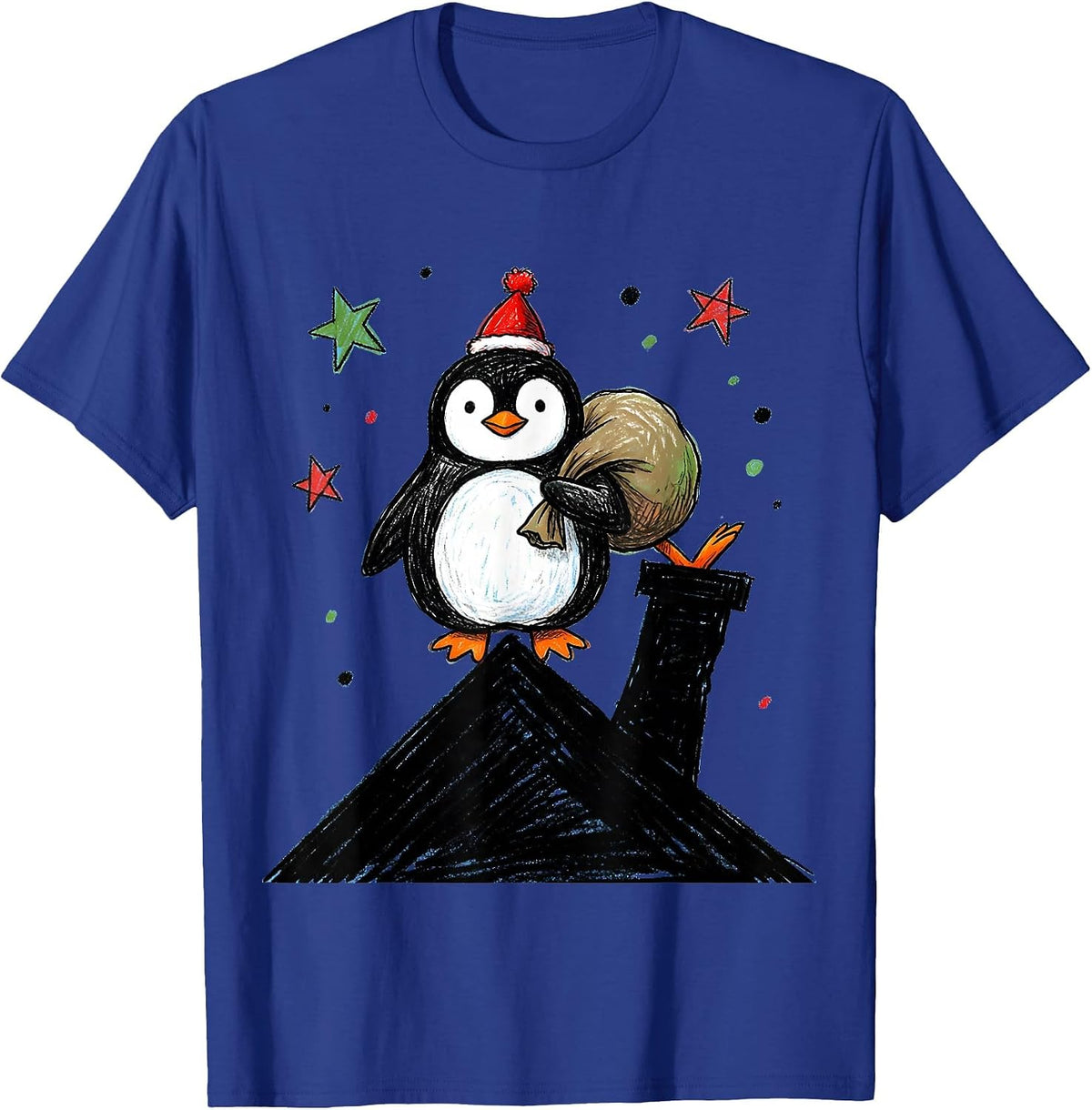 Men's Wobbly Penguin Naive Kidcore Funny Christmas T-Shirt - Royal Blue