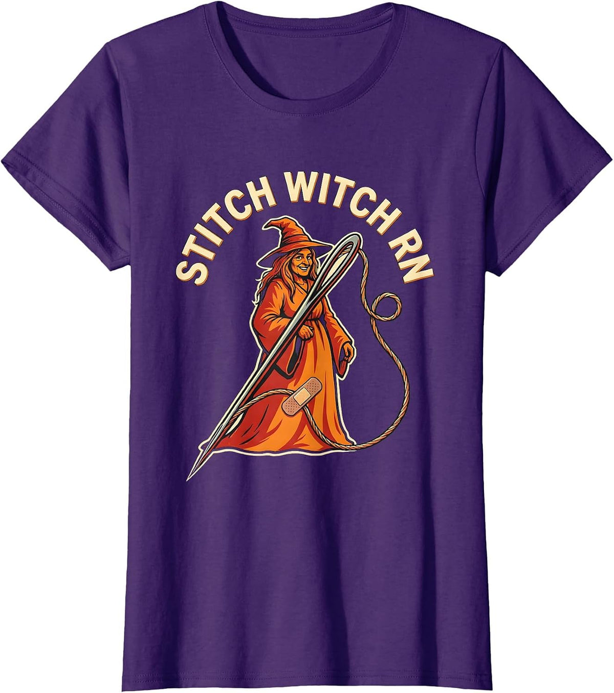 Women's Stitch Witch RN Funny Halloween Nurse Medical Humor T-Shirt - Purple