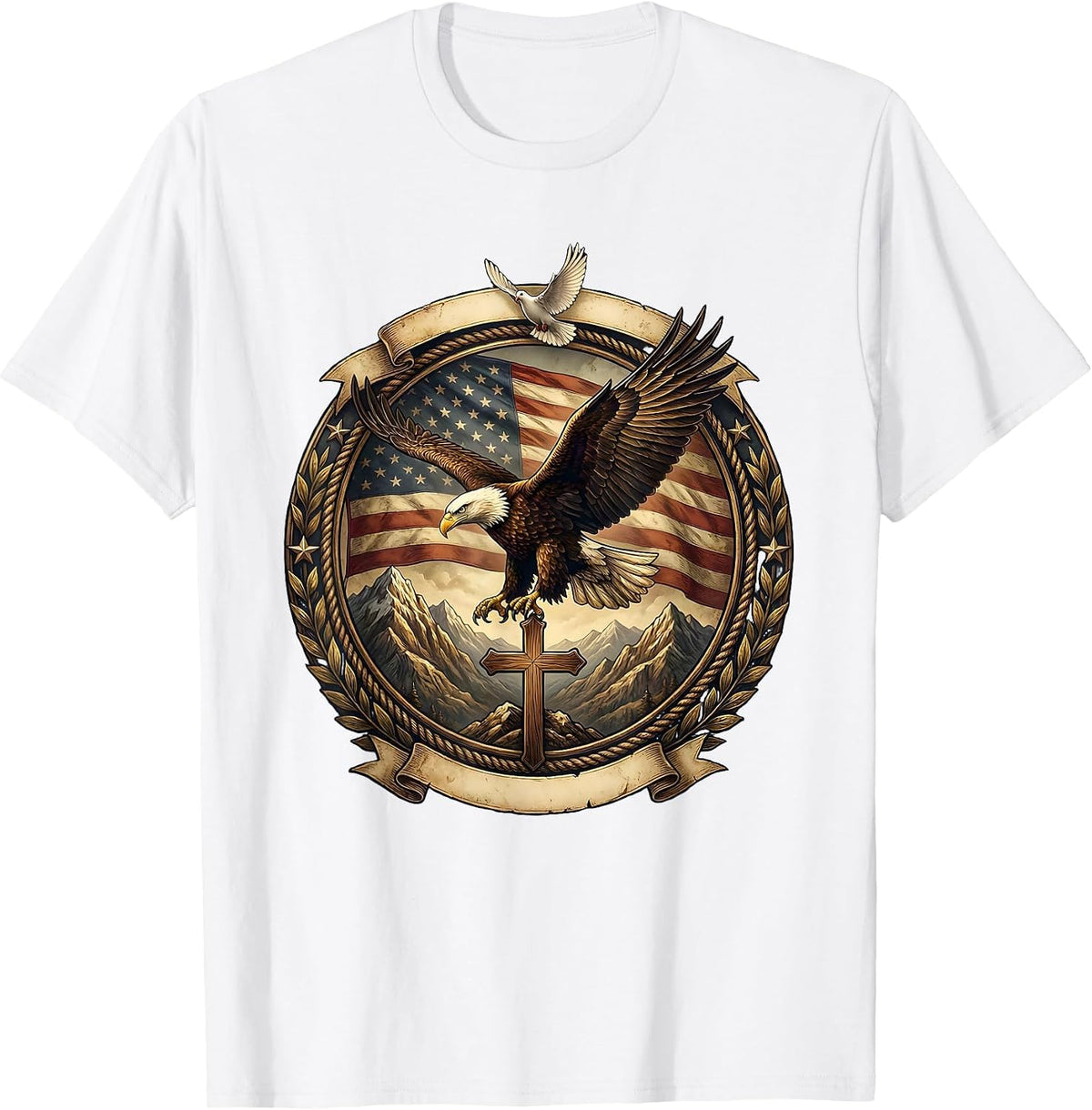 Men's Bald Eagle Soaring Over Mountain Peaks T-Shirt - White