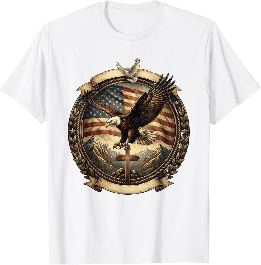 Men's Bald Eagle Soaring Over Mountain Peaks T-Shirt - White