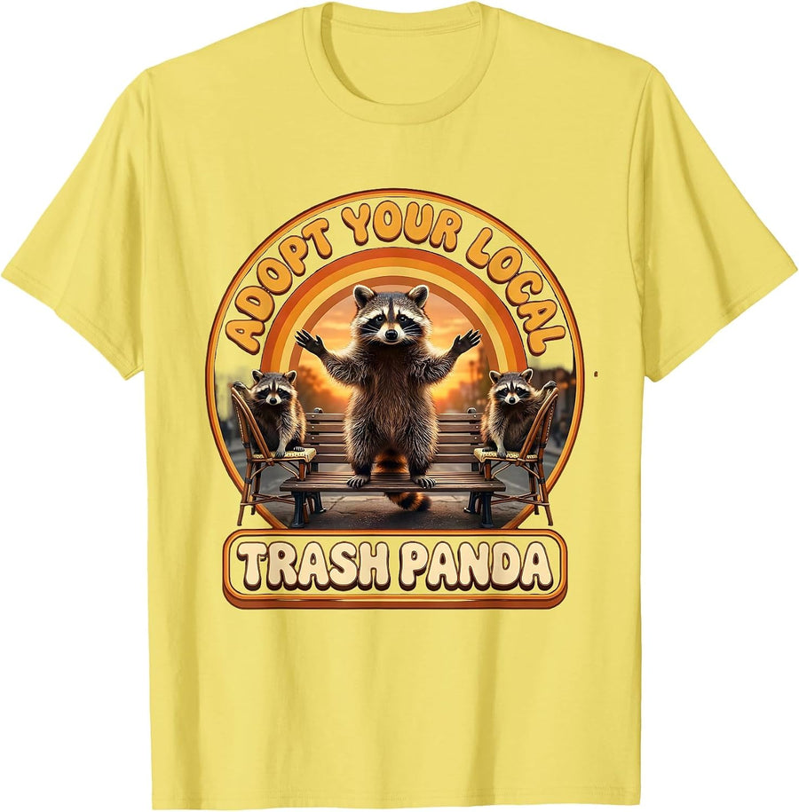 Men's Adopt Your Local Trash Panda Retro 70s Raccoon Meme Humor T-Shirt - Lemon Yellow