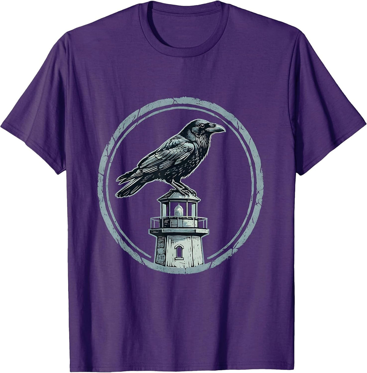 Men's Crow Perched on Old Lighthouse Illustration T-Shirt - Purple