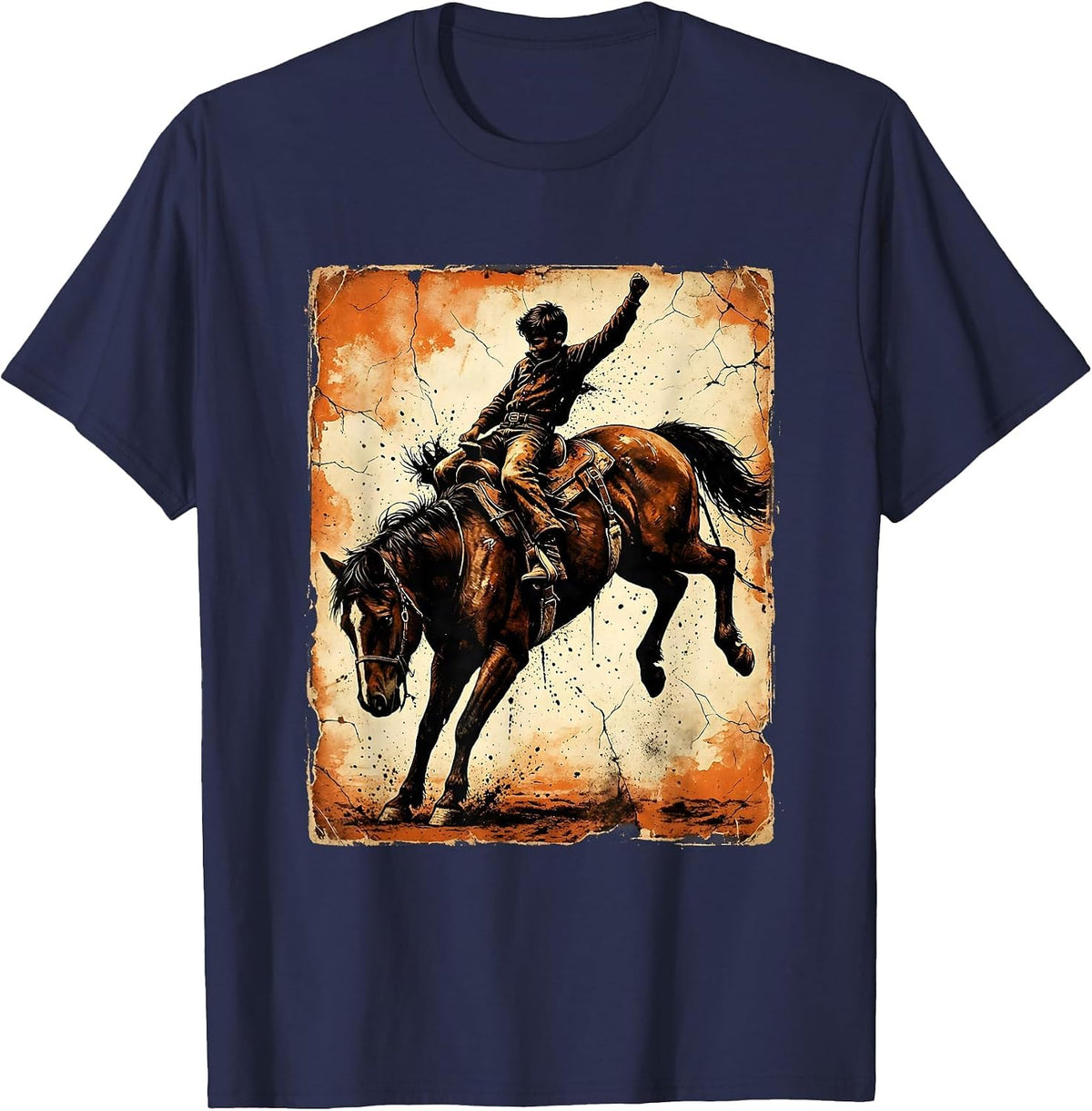 Western Boy Riding Bucking Bronco Illustration T-Shirt - Navy Blue