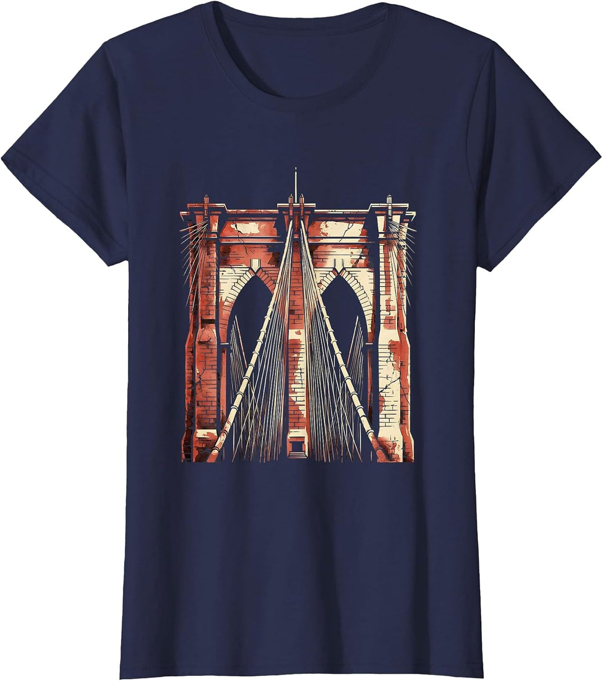 Women's Brooklyn Bridge Cables Morning Light Illustration T-Shirt - Navy Blue