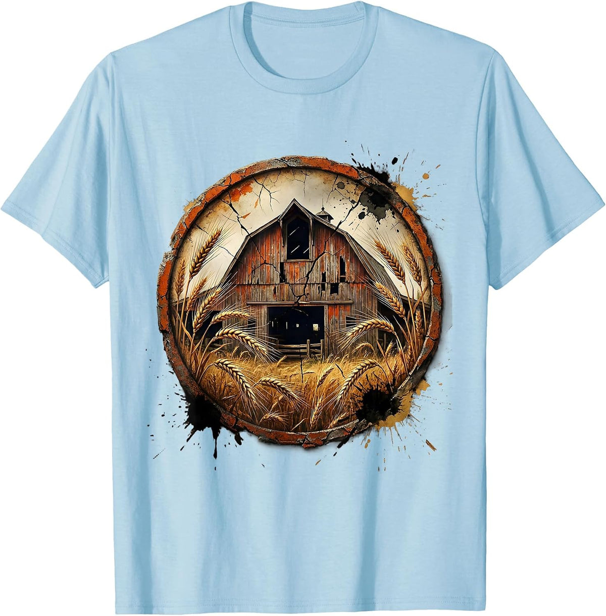 Men's Weathered Barn Wheat Field Rustic Farmland Art T-Shirt - Baby Blue