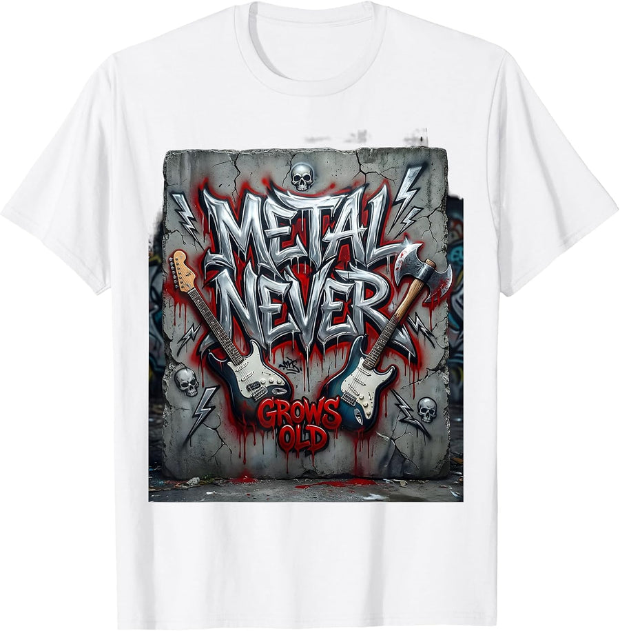 Metal Never Grows Old Heavy Metal Band Design T-Shirt - White