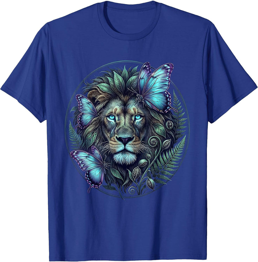 Lion and Butterfly Mane Nature Wildlife Art T-Shirt - Royal Blue