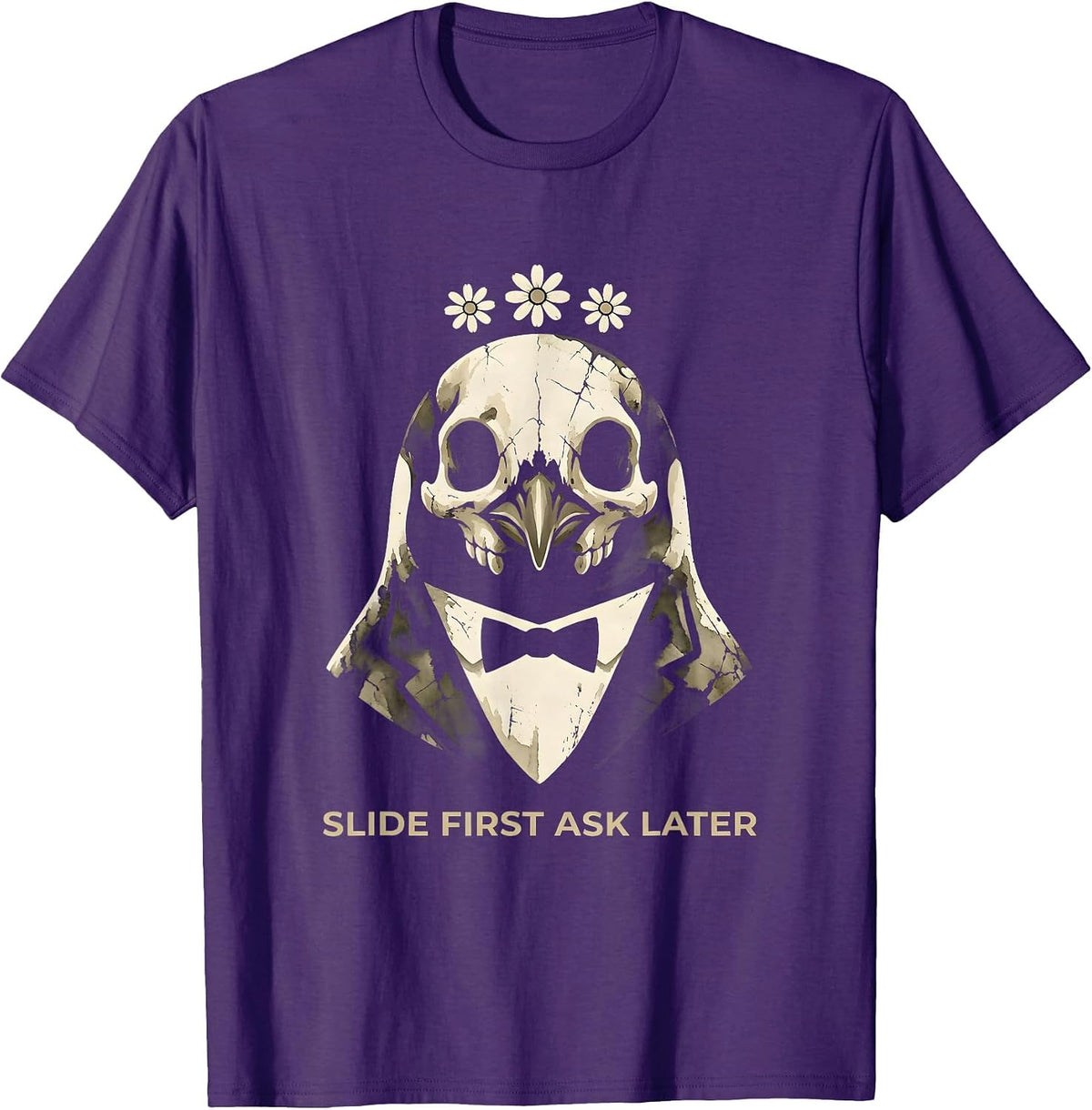 Slide First Ask Later Penguin Graphic Design T-Shirt - Purple