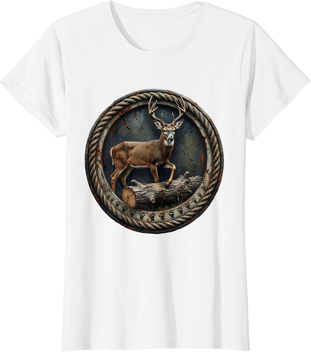 Women's Weathered Buck Badge Distressed Hunter Dad Camo T-Shirt - White