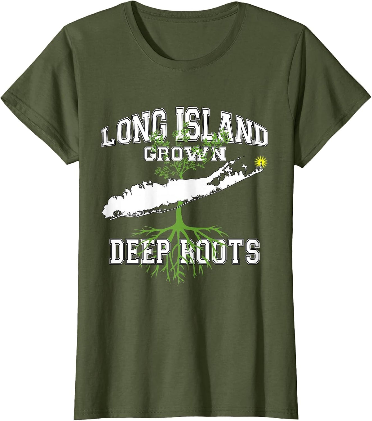 Long Island NY Grown Deep Roots Varsity Letter Style T-Shirt - Olive Green