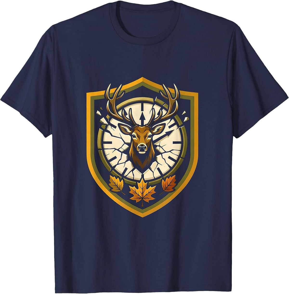 Men's Whitetail Buck Shield Emblem Funny Deer Hunting Hunter Dad T-Shirt - Navy Blue