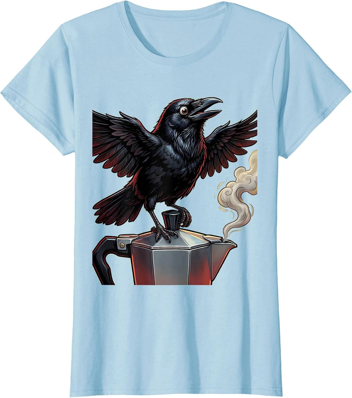 Crow Perched on Moka Pot Coffee Illustration T-Shirt - Baby Blue