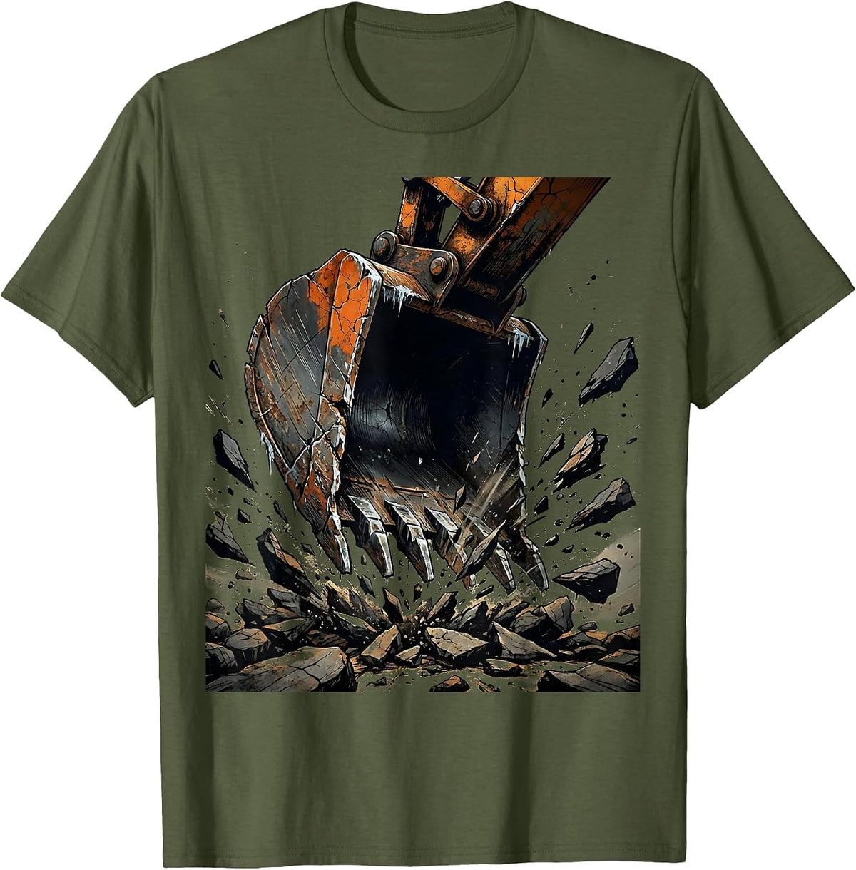 Excavator Bucket Breaking Rock Ground Illustration T-Shirt - Olive Green