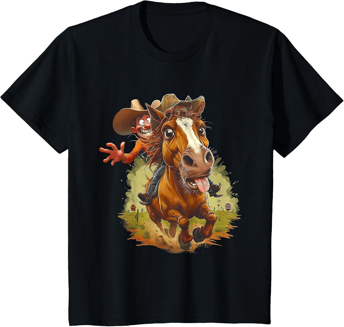 Comic Cartoon Style Western Cowboy Riding Horse Tongue Out T-Shirt - Black