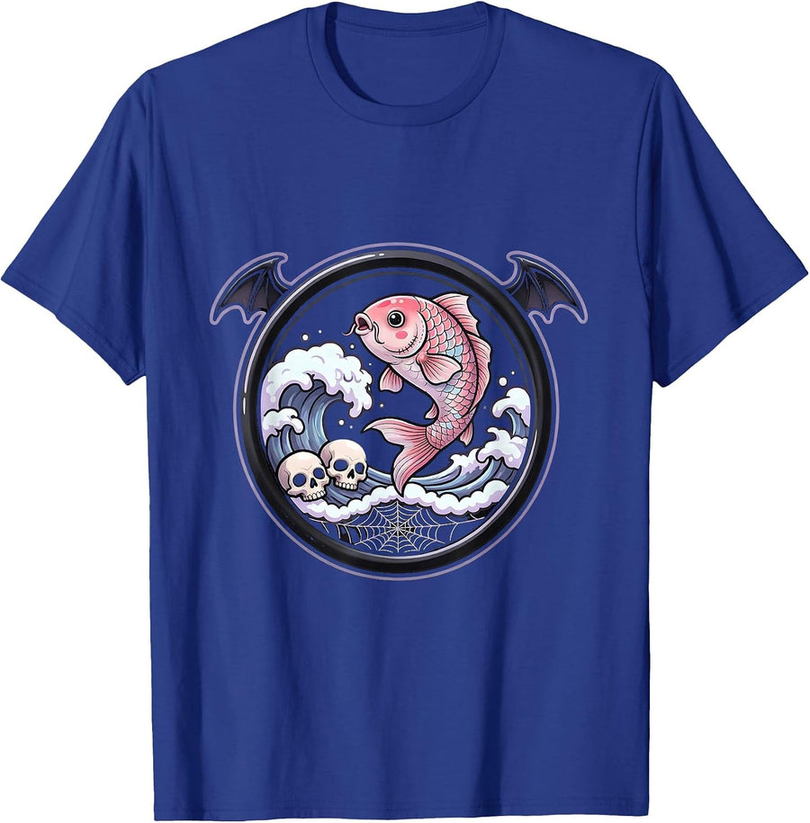 Koi Fish Leaping Waves Anime Art Design T-Shirt - Royal Blue