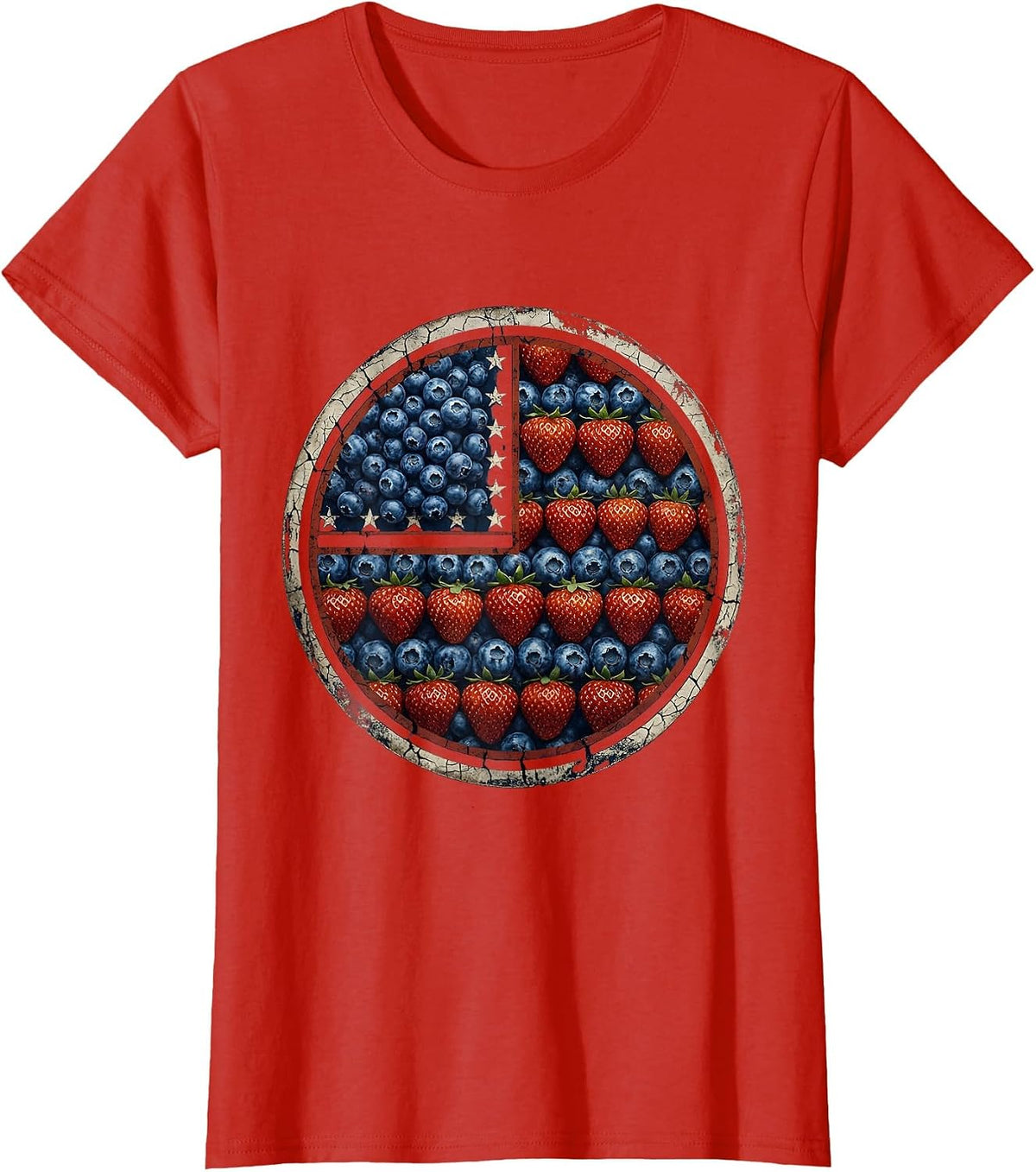 Strawberry Blueberry American Flag Pattern T-Shirt - Red