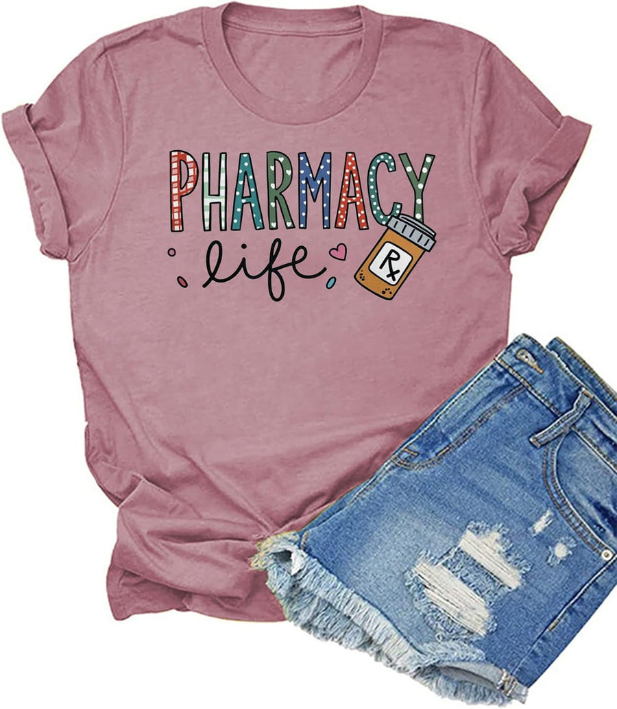 HONTOUTE Womens Pharmacy Life Graphic T-Shirt Pharmacist Appreciation Gift Short Sleeve Summer Casual O-Neck Tees Tops - Pink