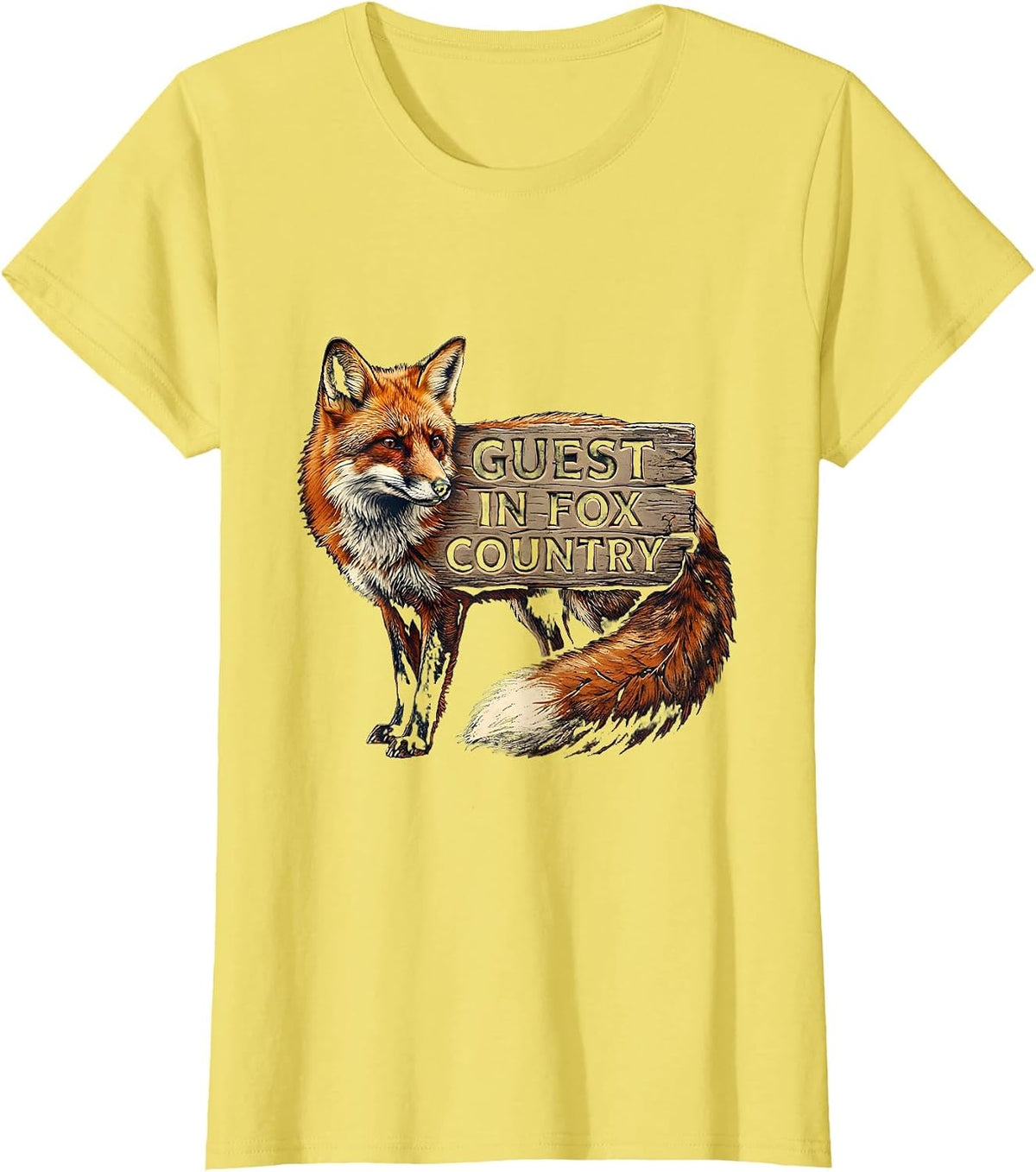 Women's Guest In Fox Country Rubber Stamp Nature Lover Forest T-Shirt - Lemon Yellow