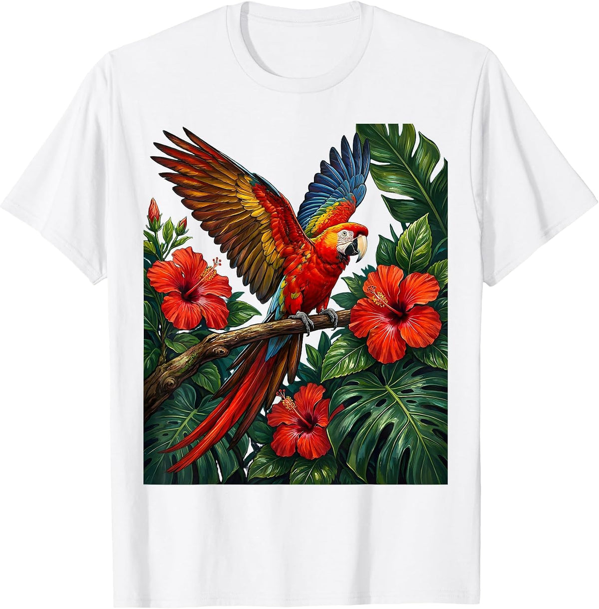 Men's Tropical Parrot Hibiscus Hawaiian Art Design T-Shirt - White