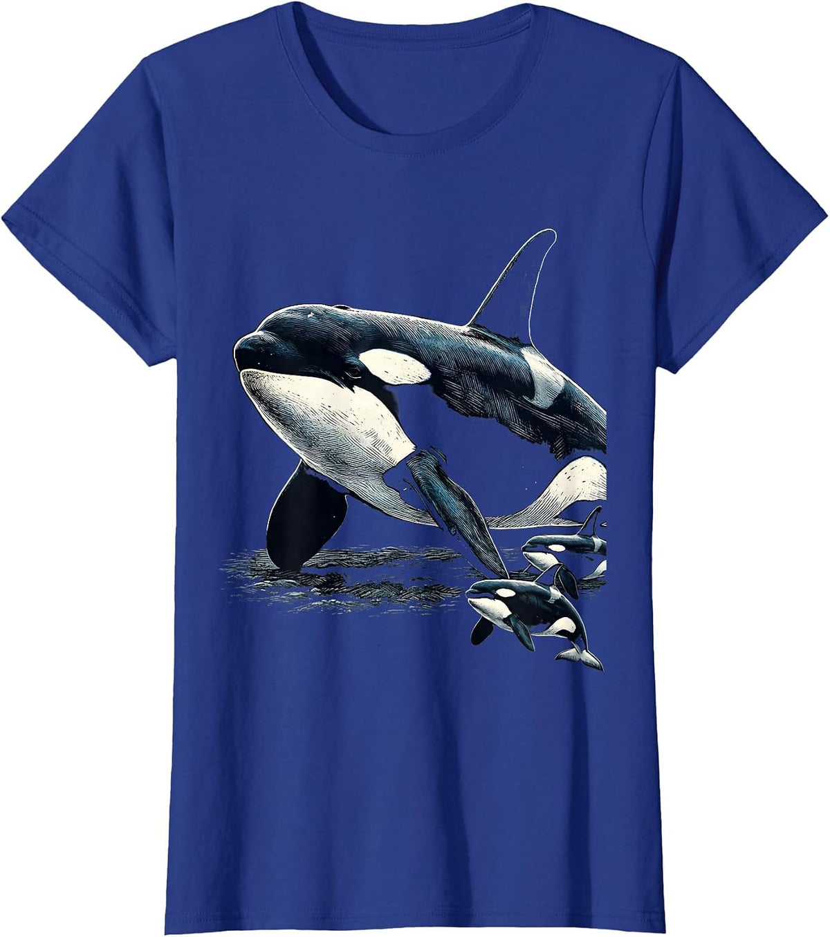 Women's Orca Whale Woodcut Engraving Marine Wildlife Lover Humor T-Shirt - Royal Blue