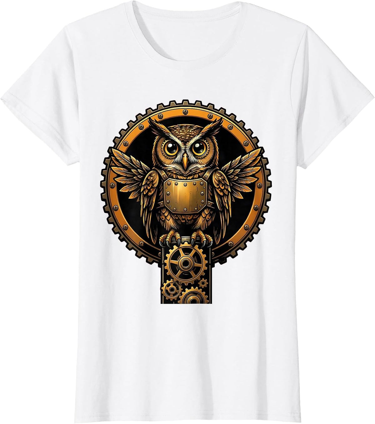 Women's Steampunk Mechanical Owl on Gear Stack Design T-Shirt - White