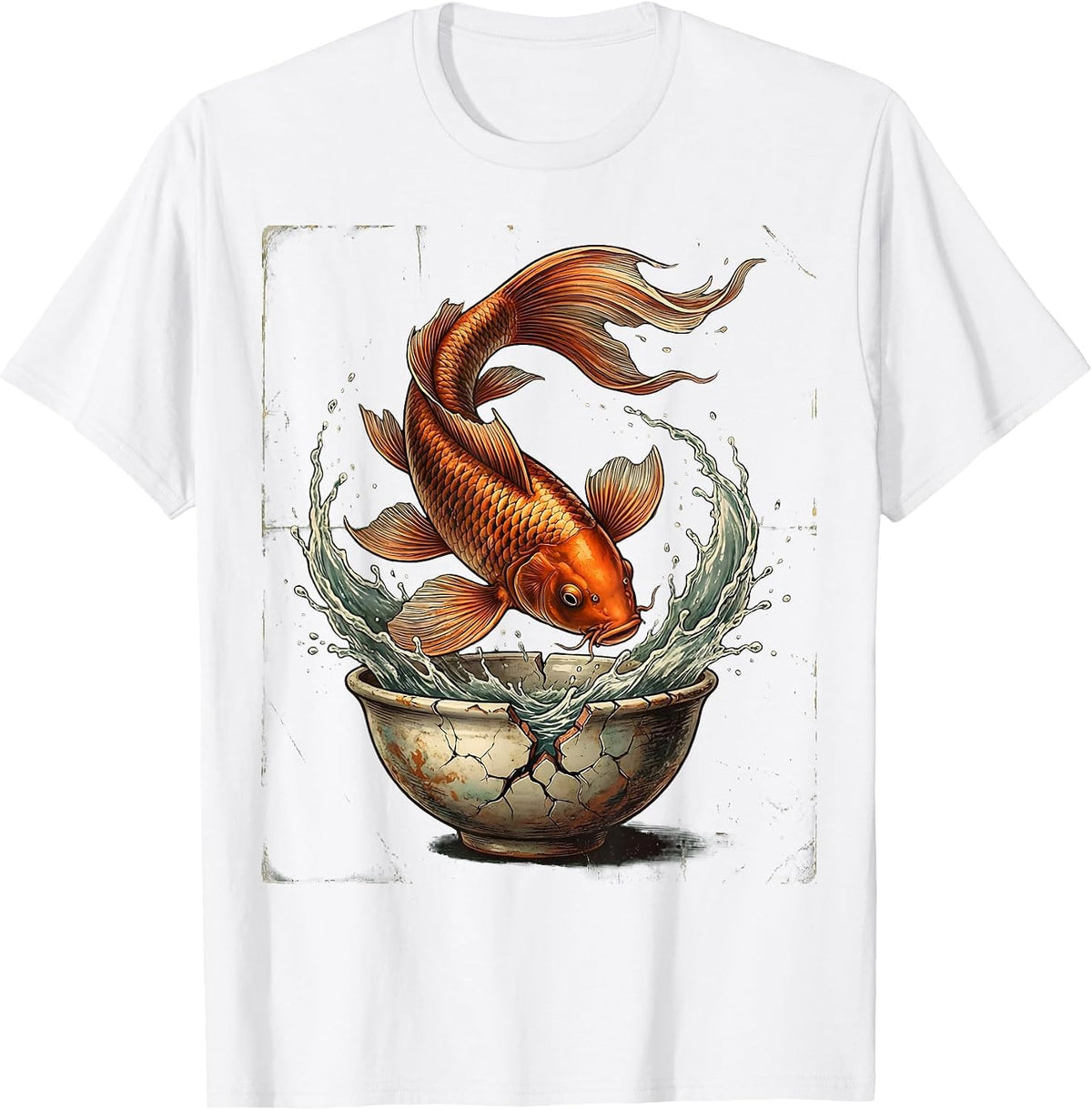 Koi Fish Leaping From Cracked Bowl Art T-Shirt - White