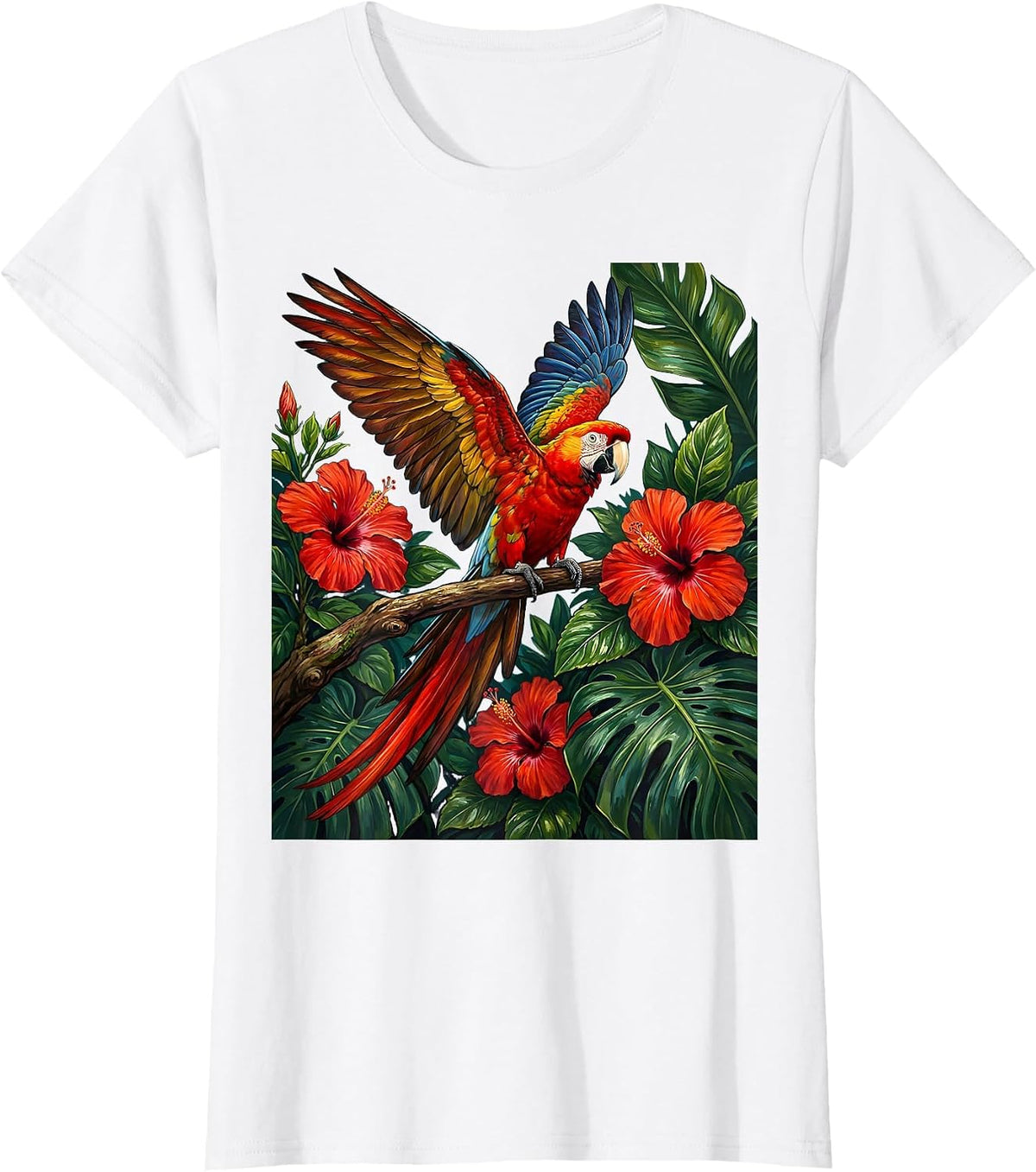 Women's Tropical Parrot Hibiscus Hawaiian Art Design T-Shirt - White