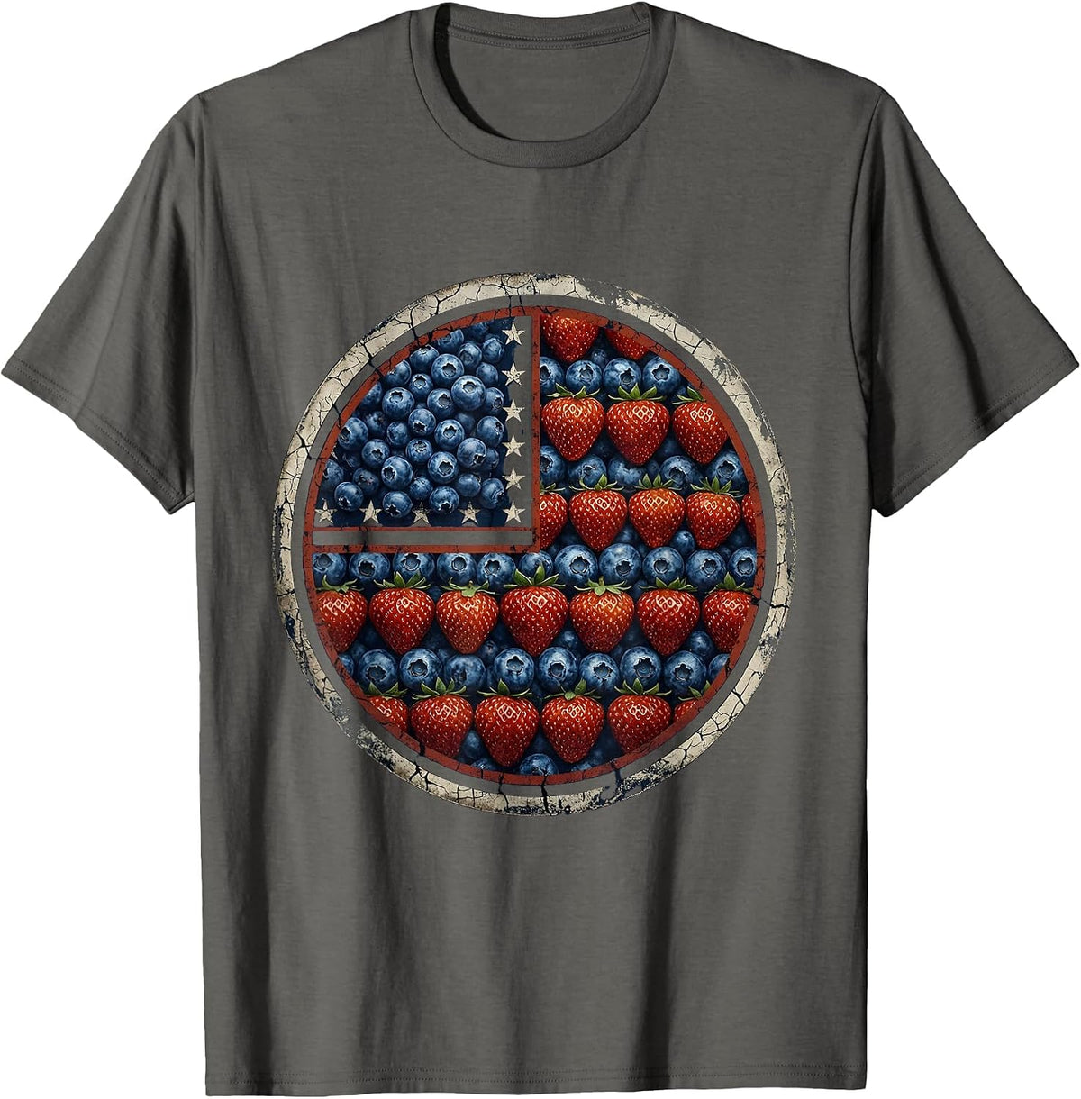 Strawberry Blueberry American Flag Pattern T-Shirt - Asphalt Grey